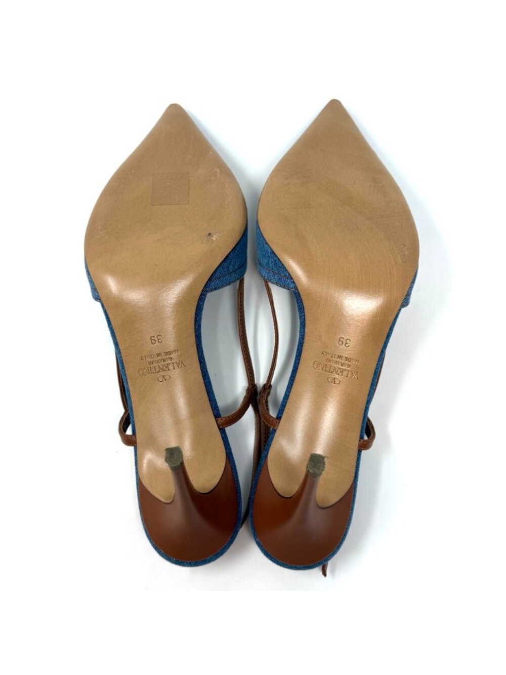 VALENTINO Garavani V Logo Gold & Denim Selleria Slingback Pumps Sz 39 - Picture 6 of 11